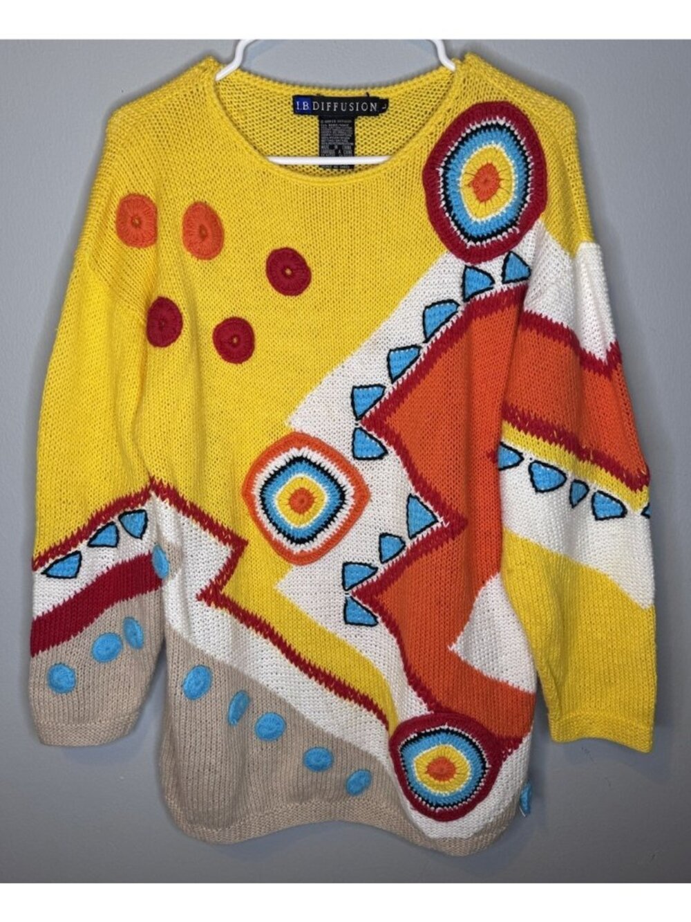 I.B. Diffusion Sweater Large Funky Colorful Knit Ramie Vintage Geometric Yellow